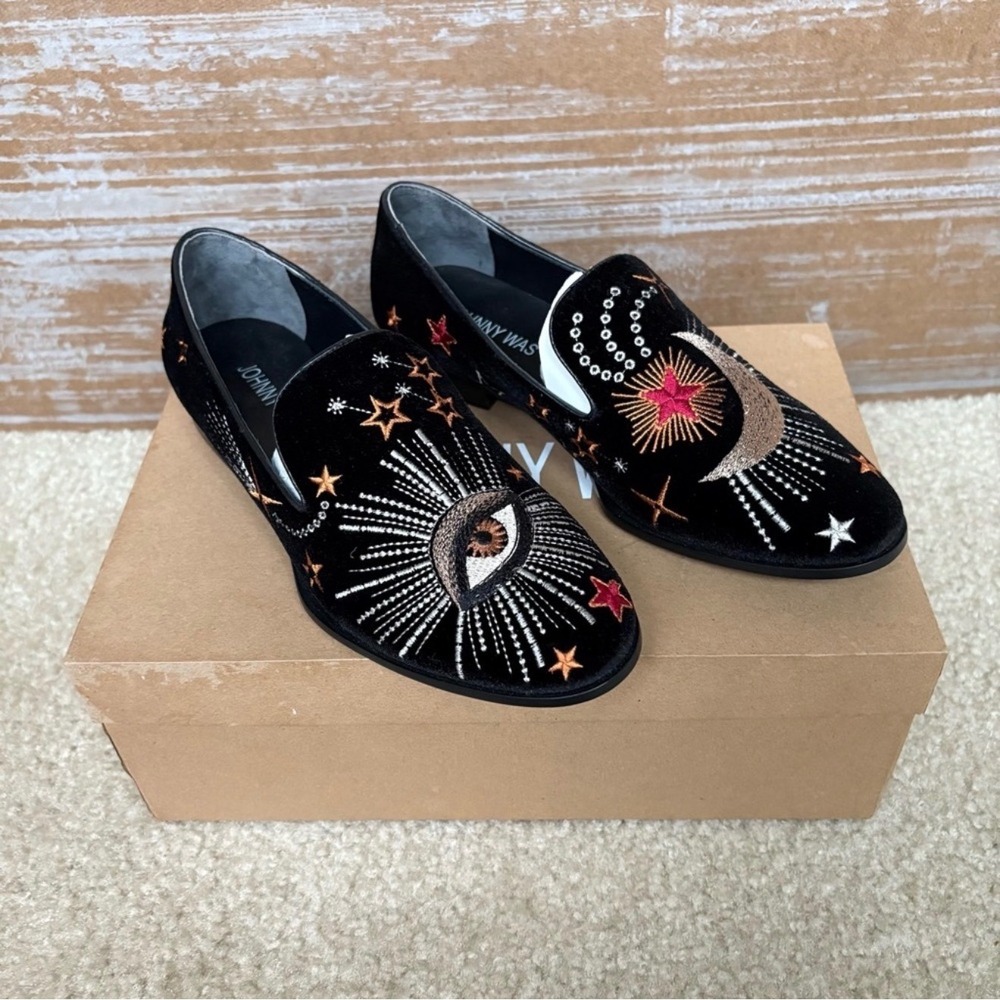 Johnny Was Velvet Loafers Women 6 Black Excellent Celestial Embroidered Eye Star